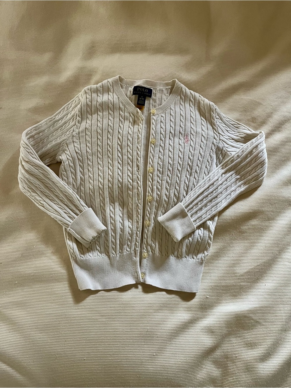 Girls Polo by Ralph Lauren Cream Cable-Knit Button Cardigan, size M